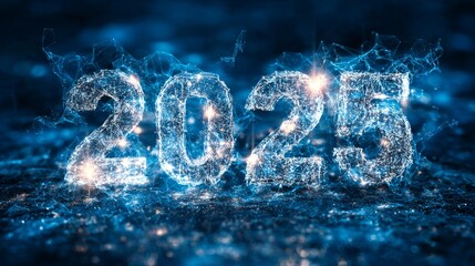 The numbers "2025" made of silver metal, surrounded by glowing stars on a dark blue background, with ample space for text, creating a futuristic New Year concept and banner design.