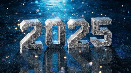 The numbers "2025" made of silver metal, surrounded by glowing stars on a dark blue background, with ample space for text, creating a futuristic New Year concept and banner design.