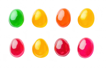 A assortment of colorful jelly candies arranged in a neat pattern. their glossy texture and playful shapes against a clean white background. ideal for food photography or confectionery advertising