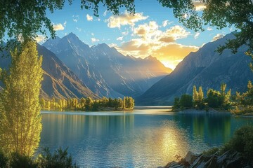 serene mountain lake at golden sunset with towering jagged peaks, calm reflective water, sunbeams through the valley, trees framing a rocky shore, peaceful tranquil mood