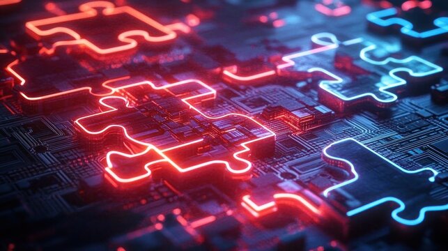 glowing red and blue neon puzzle pieces hovering above a dark circuit board, futuristic digital connectivity and energetic high-tech atmosphere