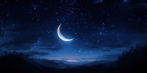 crescent moon and starry night over misty silhouetted hills and trees, serene tranquil twilight landscape