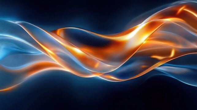 glowing translucent blue and orange ribbon waves flowing across a dark background, elegant dynamic futuristic energy
