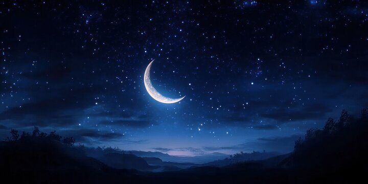 crescent moon and starry night over misty silhouetted hills and trees, serene tranquil twilight landscape - Powered by Adobe