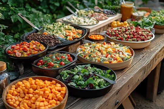Rustic outdoor wooden table piled with colorful bowls of fresh salads, diced orange vegetables, cherry tomatoes, grain and fruit salads garnished with herbs, inviting abundance