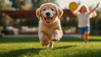 joyful golden retriever puppy running toward camera on sunny backyard lawn as smiling child chases with a yellow ball