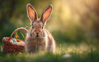Fototapeta premium A fluffy bunny looks at the viewer; Easter basket of colorful eggs sits behind it