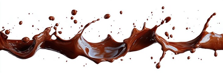 dynamic stream of glossy dark chocolate liquid splashing with droplets on a white background, energetic and indulgent