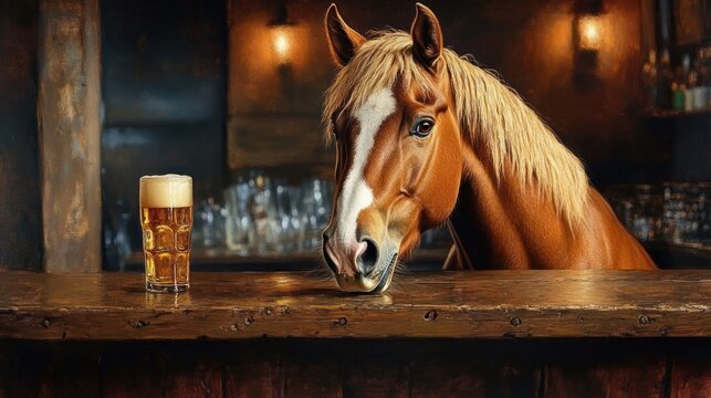 Curious chestnut horse with white blaze leaning on a rustic wooden bar beside a frothy pint in a warm dimly lit tavern - Powered by Adobe