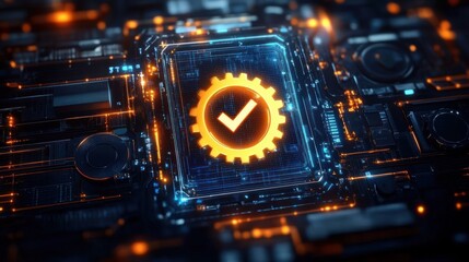 glowing orange gear with check mark on illuminated blue circuit board, futuristic microchip and electronic components conveying security, approval and confident reliability