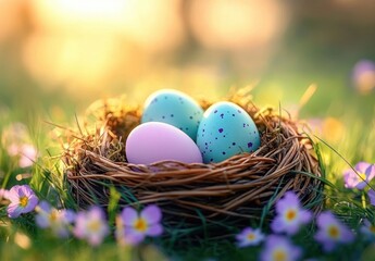 Woven twig nest holding three pastel eggs — two speckled teal and one soft pink — nestled in green grass and tiny purple wildflowers, bathed in warm golden sunlight, serene and hopeful