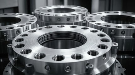 shiny machined steel flanges with bolt holes and threaded centers arranged in a precise industrial assembly, conveying cold technical precision and engineering control