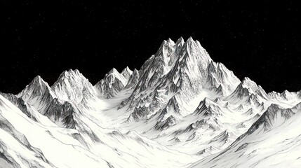 majestic snow-covered mountain range with sharp jagged peaks and deep valleys beneath a starry black sky, evoking solitude and awe