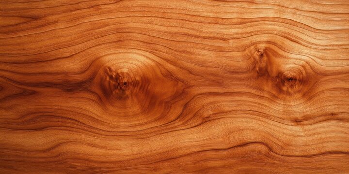 close-up of warm polished wooden surface with swirling grain patterns and two prominent knots conveying natural cozy organic warmth