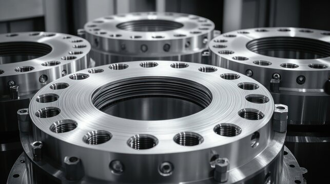 shiny machined steel flanges with bolt holes and threaded centers arranged in a precise industrial assembly, conveying cold technical precision and engineering control