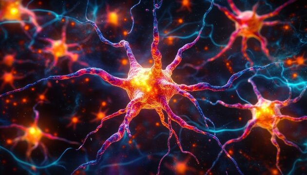 Vibrant glowing neurons with branching dendrites and electric synapses forming an interconnected radiant neural network, evoking dynamic energy and wonder