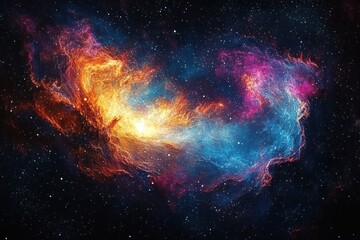 Ethereal swirling cosmic nebula of glowing orange, blue and pink gas clouds with a radiant core and scattered stars, evoking awe and wonder