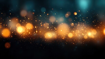 Warm golden bokeh and sparkling particles across a dark teal background, dreamy magical glowing orbs and a glittering horizontal light band