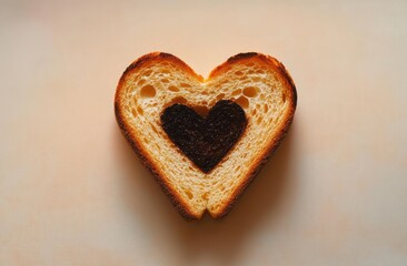 Heart-shaped slice of toasted bread with a dark heart-shaped toasted center on a warm neutral background, conveying cozy affection