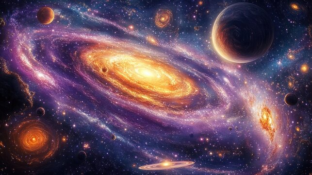 Majestic cosmic vista of glowing golden spiral galaxies, purple nebula clouds, sparkling stars and scattered planets including a large dark world and a distant ringed planet, evoking awe - Powered by Adobe