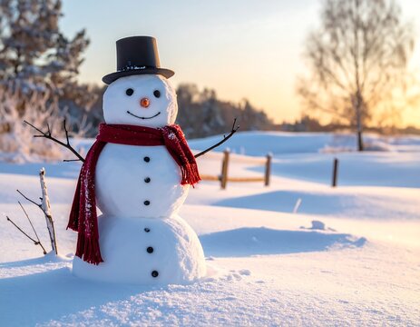 Charming snowman with a top hat and scarf in a snowy landscape