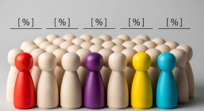 Colorful wooden figures representing diversity and demographic percentages