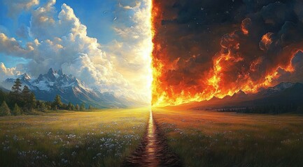 Sunlit wildflower meadow and snowcapped mountains split by a glowing seam and central path, contrasting serene blue sky and clouds with a raging wall of fire and smoke, dramatic tension