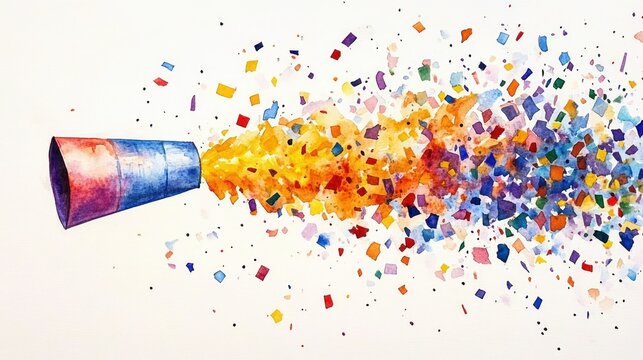 watercolor party popper cone releasing an energetic burst of multicolored confetti and paint splashes, joyful and celebratory