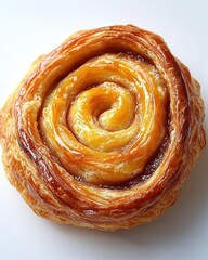 Fototapeta premium golden flaky spiral pastry with glossy caramelized glaze, warm and inviting
