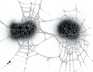 Two dew-covered spider webs with delicate silk threads and glistening droplets against soft blurred dark backgrounds evoking quiet fragile serenity