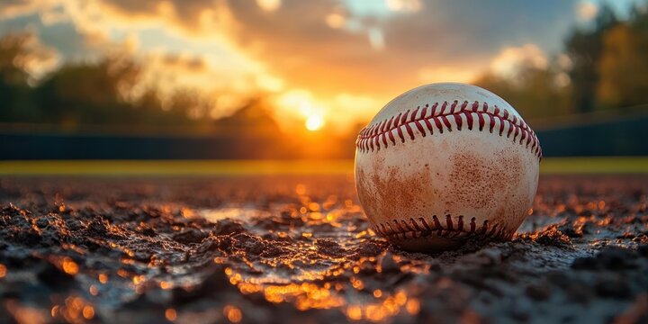Worn baseball resting on a muddy infield at sunset with warm golden glow, blurred trees and fence, quiet nostalgic and anticipatory mood - Powered by Adobe