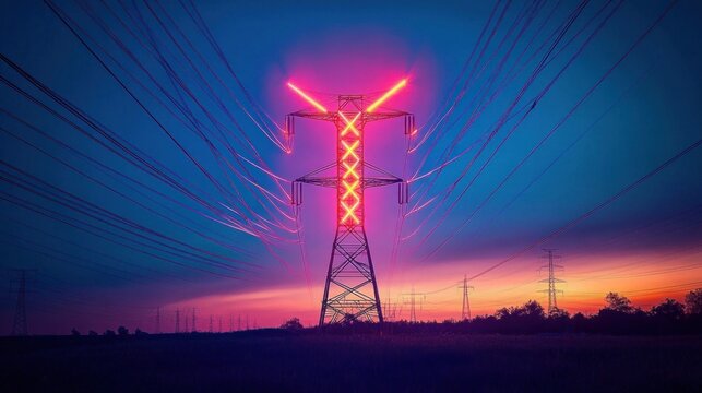 Neon glowing transmission tower at dusk with radiating power lines over a silhouetted field, surreal futuristic energy and vibrant twilight sky - Powered by Adobe