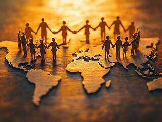paper cutout people holding hands across a wooden world map, casting long shadows in warm golden light and evoking global unity and hope