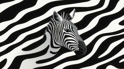 Naklejka premium Zebra head emerging from matching black and white striped background, striking high-contrast pattern and calm attentive expression