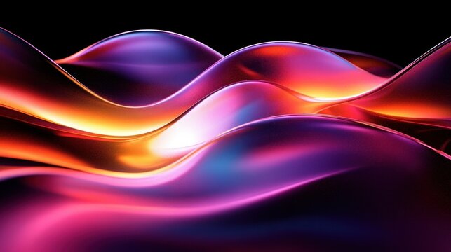 luminous glossy undulating waves of vibrant neon colors with smooth metallic reflections, flowing curves and a mesmerizing futuristic glow