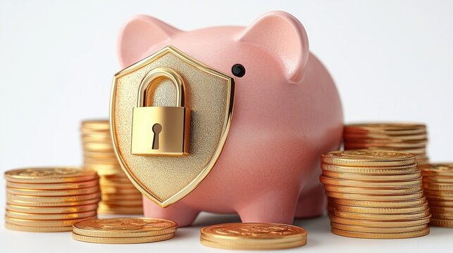 pink piggy bank with a golden shield and padlock surrounded by stacks of gold coins conveying financial security and trust