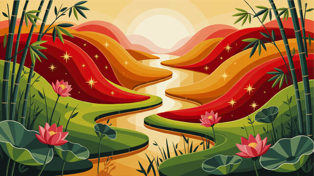 Vibrant fantasy landscape with bamboo, lotus flowers and glowing river at sunset, colorful abstract hills, zen nature illustration