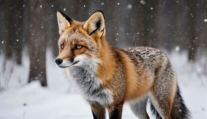 Naklejka premium Red fox standing in snowy forest - ultra realistic photo