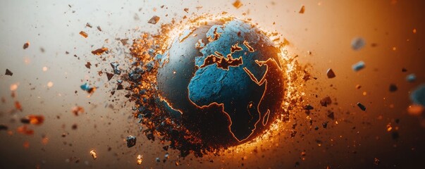 blue textured planet earth encircled by glowing molten cracks and erupting fiery debris, dramatic apocalyptic destruction and intense heat