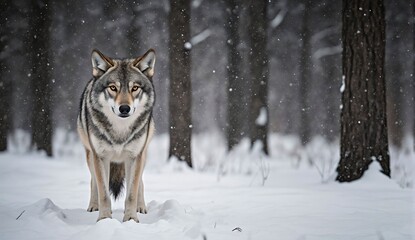 Wolf staring in snowy forest - ultra realistic photo