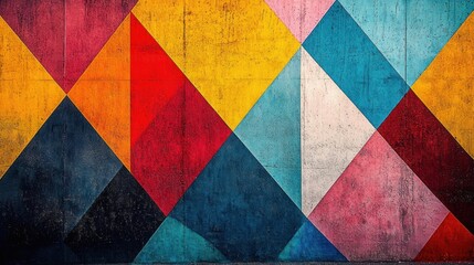 vibrant geometric mural of overlapping triangles and diamonds painted on a weathered concrete wall, bold colorful abstract pattern conveying energy and playfulness