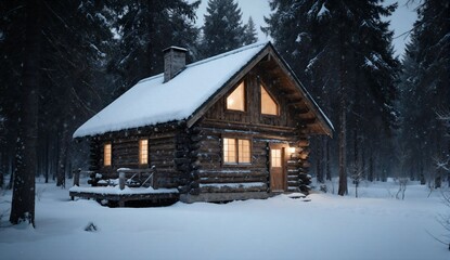Snow-covered cabin in winter forest - ultra realistic photo