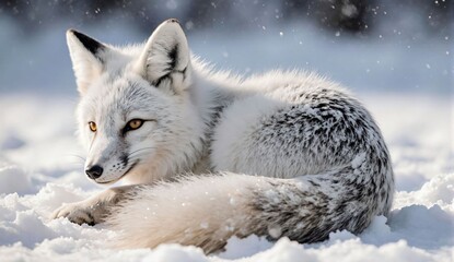 Arctic fox curled in snow - ultra realistic photo