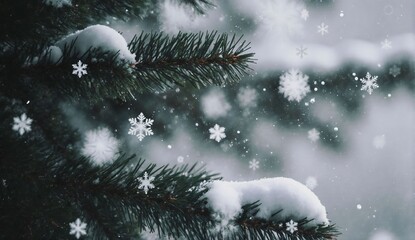 Macro snowflakes falling on evergreen branches - ultra realistic photo