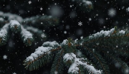 Macro snowflakes falling on evergreen branches - ultra realistic photo