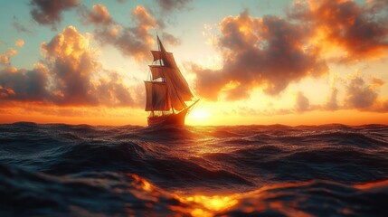 A lone three-masted sailing ship with billowing orange sails crosses shimmering ocean waves at sunset under dramatic golden clouds, evoking solitude and adventurous calm