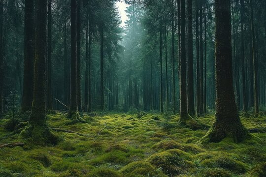 Misty conifer forest with moss-covered hummocky floor and tall tree trunks, serene and mysterious atmosphere