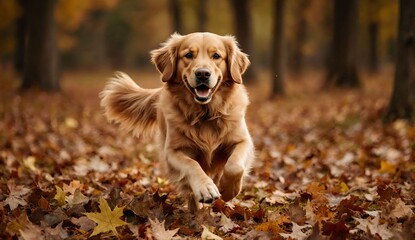 Golden retriever running through leaves - ultra realistic photo