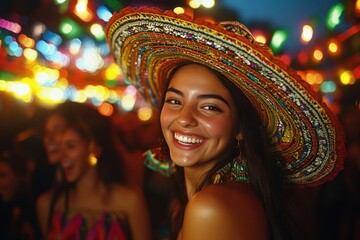 Woman in colorful embroidered wide-brim hat at a lively nighttime street party with glowing string lights and a festive crowded atmosphere, joyful and vibrant