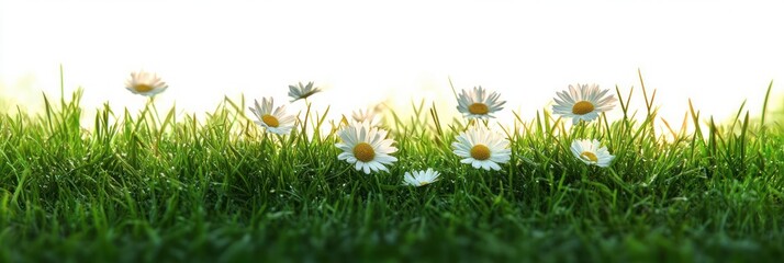 Close-up low-angle view of white daisies with yellow centers growing in dewy green grass, bathed in warm morning light conveying a fresh serene spring mood